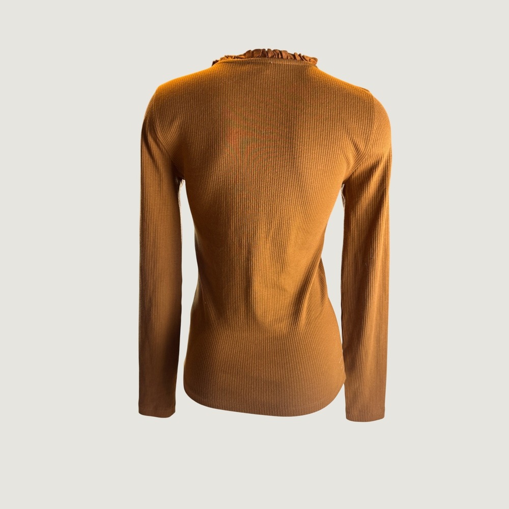 J.Crew Vintage Rib Ruffle Henley Top Rust Brown Long Sleeve XS - Picture 3 of 6